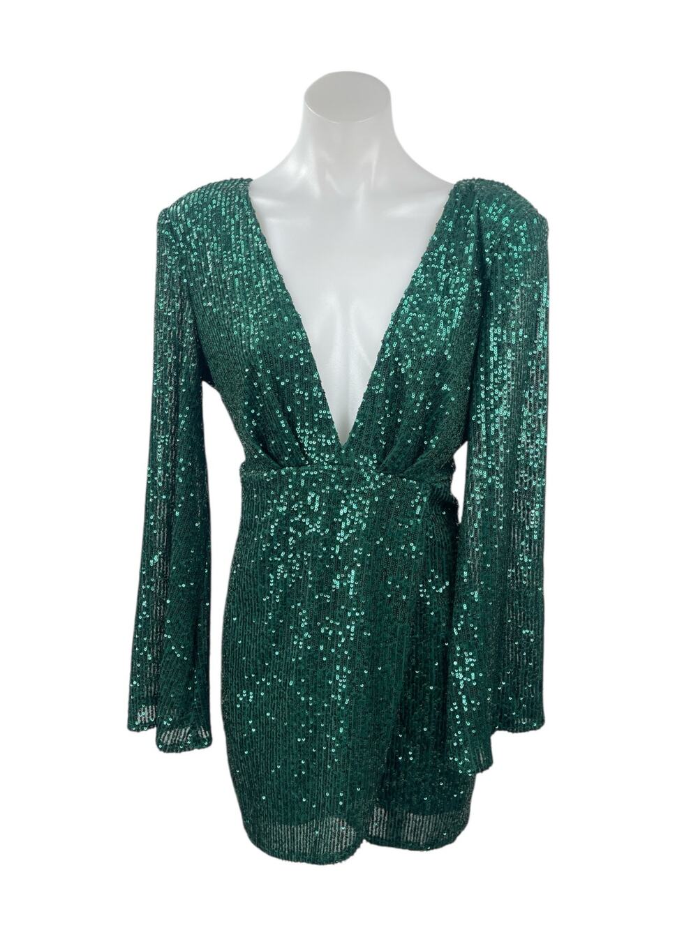 Luxxel Women's Green Sequin Mesh Deep V Neck Long Sleeve Mini Bodycon Dress Sz M
